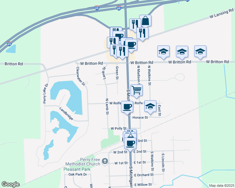 map of restaurants, bars, coffee shops, grocery stores, and more near 522-598 Green Street in Perry