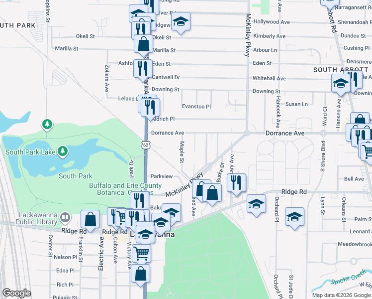 map of restaurants, bars, coffee shops, grocery stores, and more near 38 Maple Street in Lackawanna
