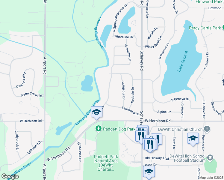 map of restaurants, bars, coffee shops, grocery stores, and more near 1225 Sandhill Drive in DeWitt