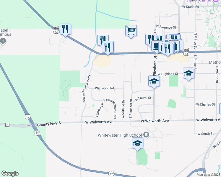 map of restaurants, bars, coffee shops, grocery stores, and more near 228 South Pine Circle in Whitewater