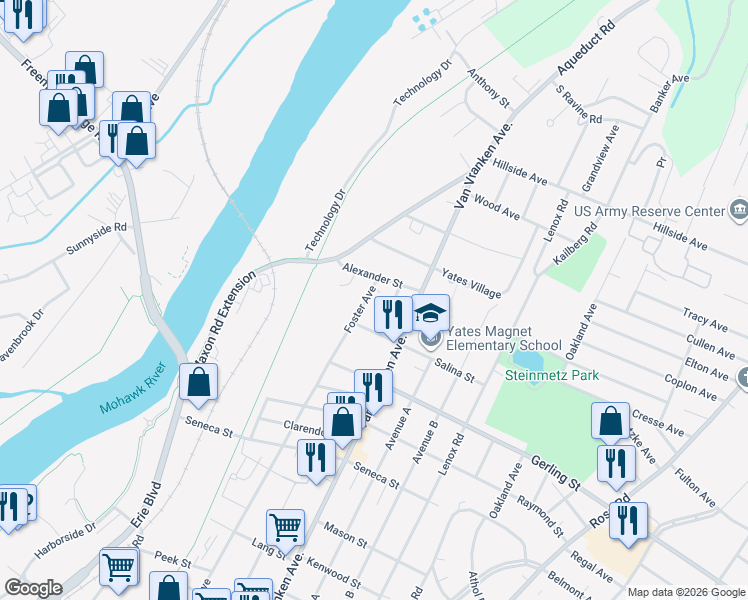 map of restaurants, bars, coffee shops, grocery stores, and more near 2130 Foster Ave in Schenectady