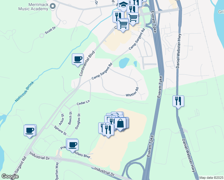 map of restaurants, bars, coffee shops, grocery stores, and more near 41 Whittier Road in Merrimack