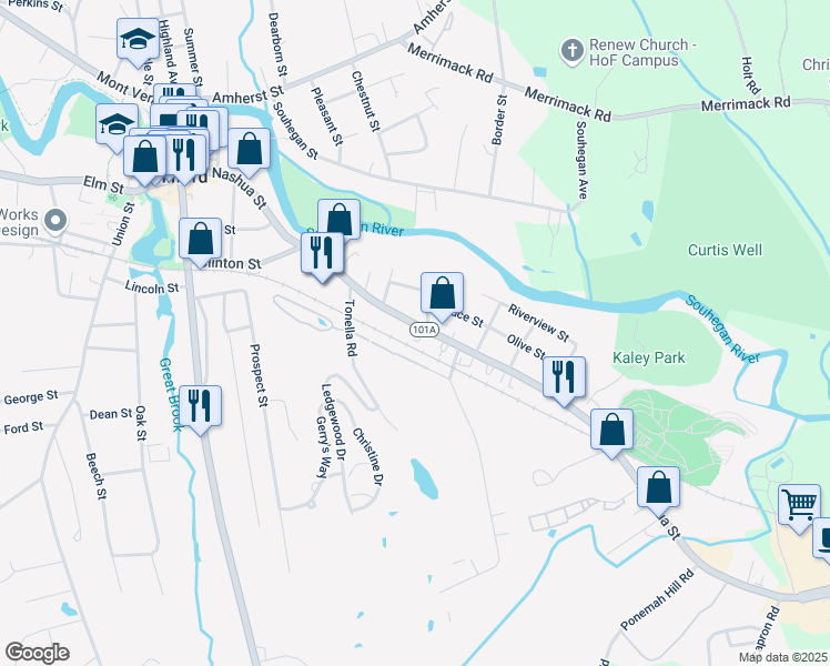 map of restaurants, bars, coffee shops, grocery stores, and more near 365 Nashua Street in Milford