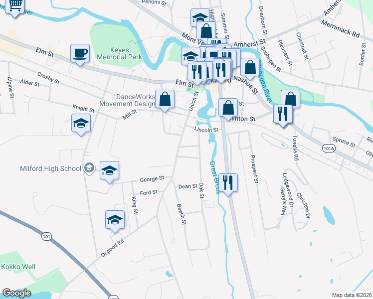 map of restaurants, bars, coffee shops, grocery stores, and more near 5 Willow Street in Milford