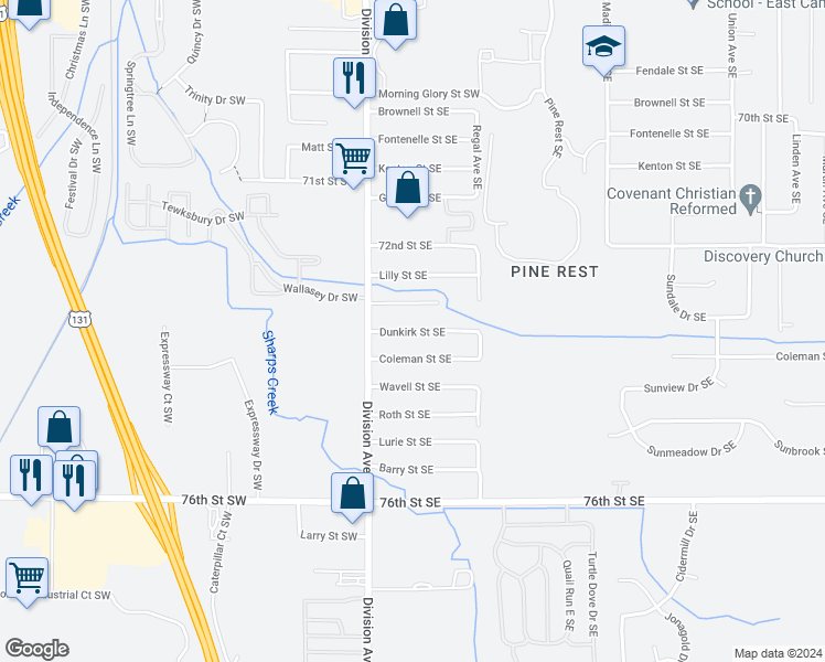map of restaurants, bars, coffee shops, grocery stores, and more near 59 Dunkirk Street Southeast in Grand Rapids