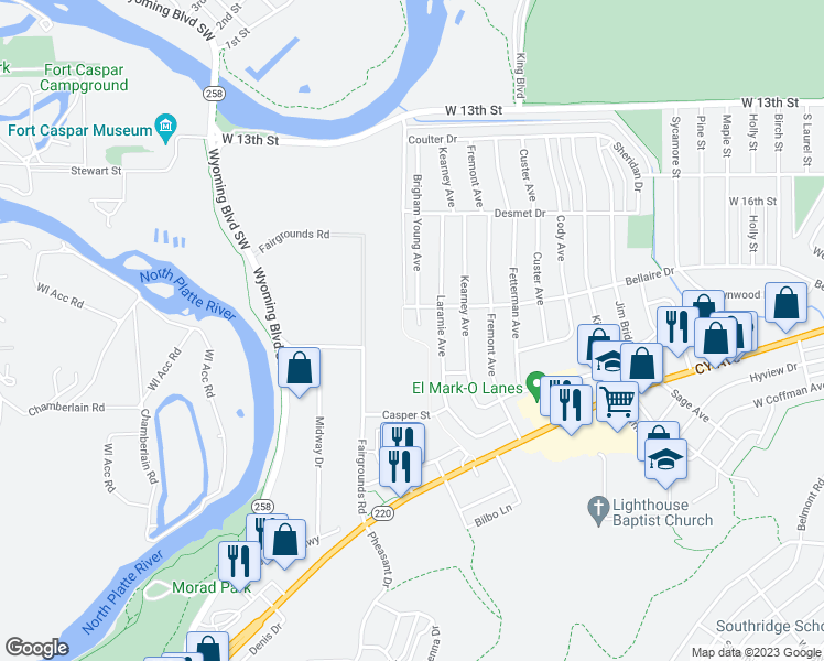 map of restaurants, bars, coffee shops, grocery stores, and more near 1818 Brigham Young Avenue in Casper