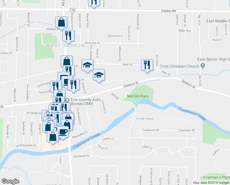 map of restaurants, bars, coffee shops, grocery stores, and more near 4225 Seneca Street in Buffalo