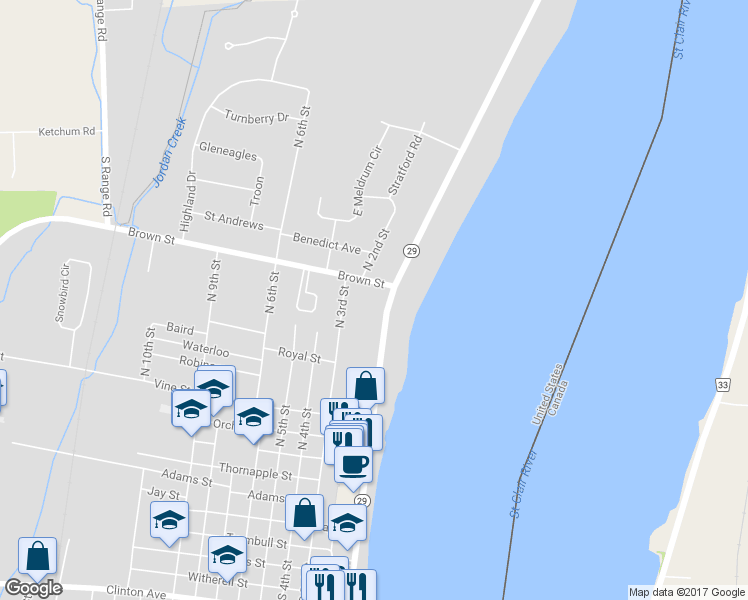 map of restaurants, bars, coffee shops, grocery stores, and more near 627 North Riverside Avenue in Saint Clair