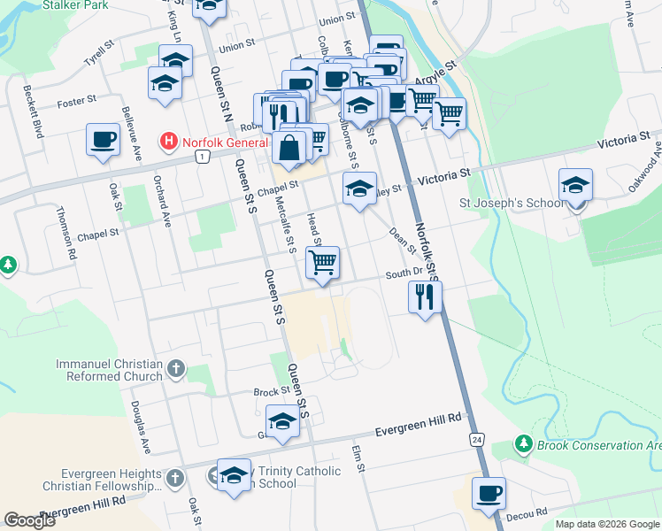 map of restaurants, bars, coffee shops, grocery stores, and more near 241 Head Street South in Simcoe