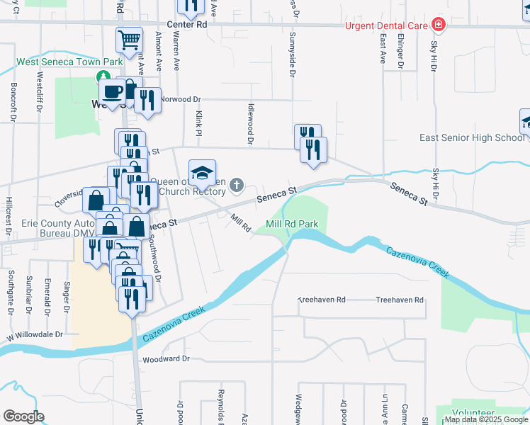 map of restaurants, bars, coffee shops, grocery stores, and more near 4257 Seneca Street in Buffalo