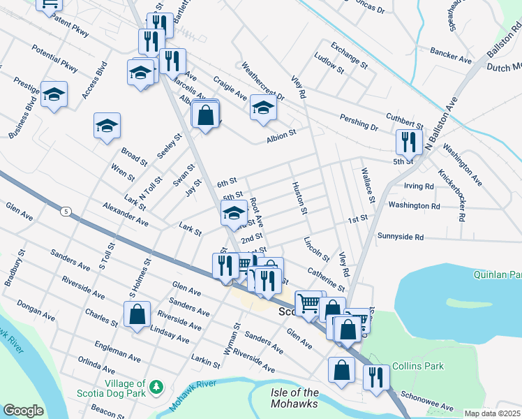map of restaurants, bars, coffee shops, grocery stores, and more near 208 Root Avenue in Scotia