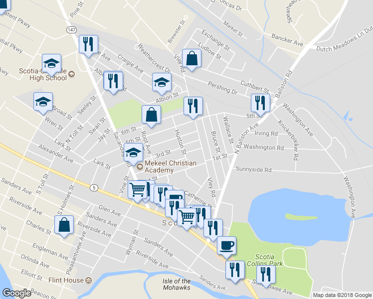 map of restaurants, bars, coffee shops, grocery stores, and more near 104 Huston Street in Scotia