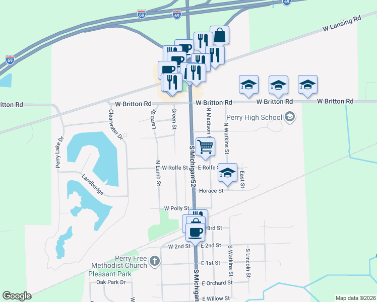 map of restaurants, bars, coffee shops, grocery stores, and more near 540 North Main Street in Perry