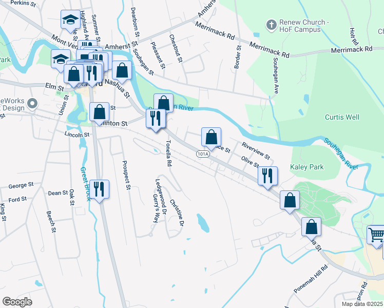 map of restaurants, bars, coffee shops, grocery stores, and more near 365 Nashua Street in Milford