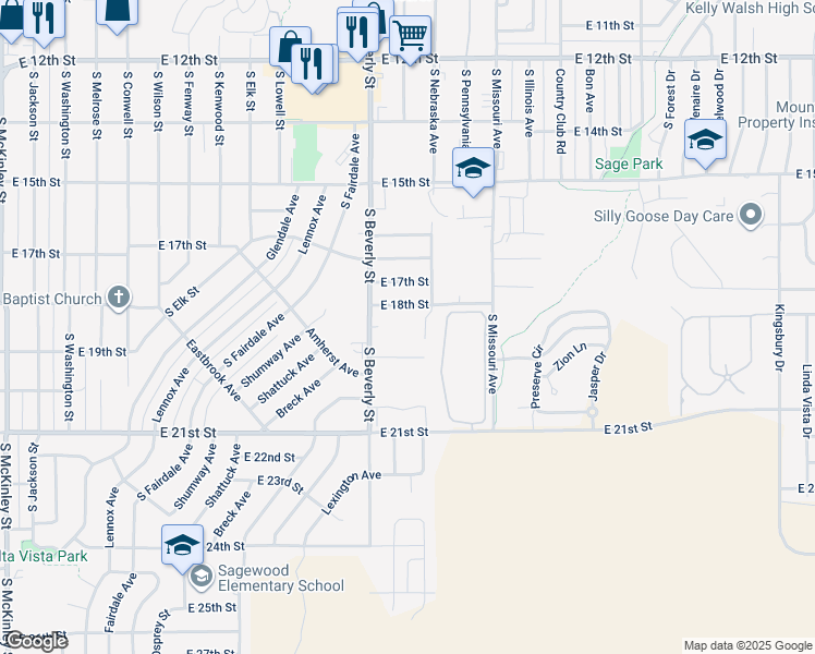 map of restaurants, bars, coffee shops, grocery stores, and more near 1865 South Beverly Street in Casper