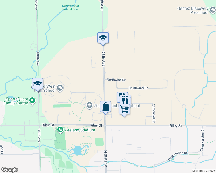 map of restaurants, bars, coffee shops, grocery stores, and more near 3414 96th Avenue in Zeeland