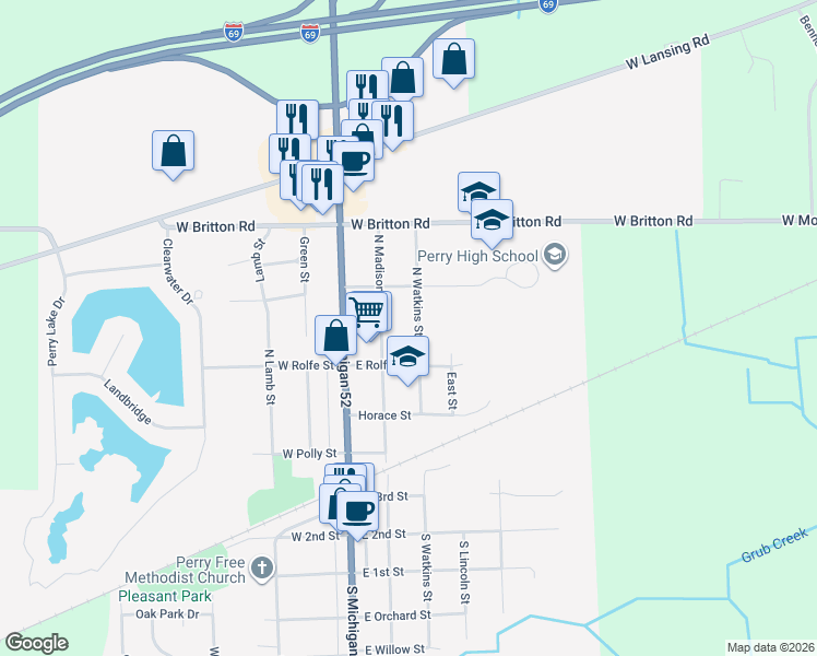 map of restaurants, bars, coffee shops, grocery stores, and more near 530 Madison in Perry