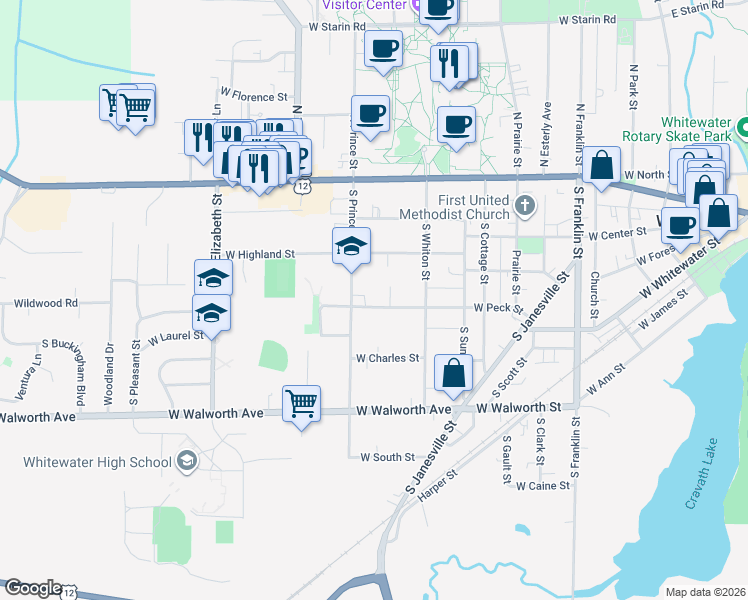 map of restaurants, bars, coffee shops, grocery stores, and more near 956 West Peck Street in Whitewater