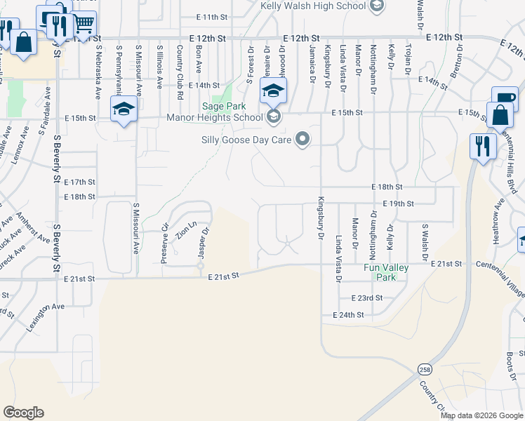 map of restaurants, bars, coffee shops, grocery stores, and more near 1923 Rustic Drive in Casper