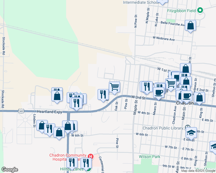 map of restaurants, bars, coffee shops, grocery stores, and more near 251 Elm Street in Chadron