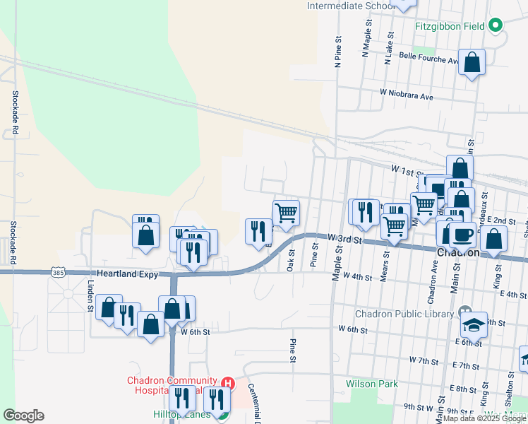 map of restaurants, bars, coffee shops, grocery stores, and more near 251 Elm Street in Chadron