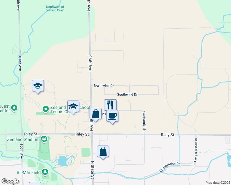 map of restaurants, bars, coffee shops, grocery stores, and more near 9463 Southwind Drive in Zeeland