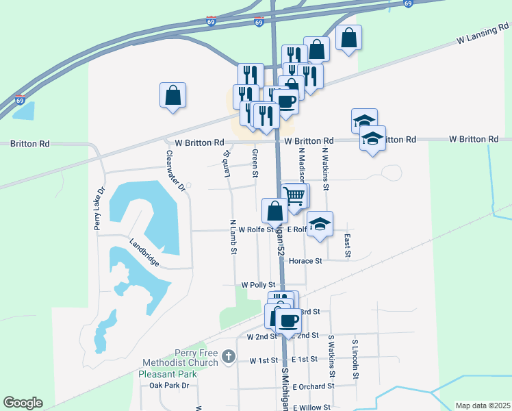 map of restaurants, bars, coffee shops, grocery stores, and more near 598 Green Street in Perry