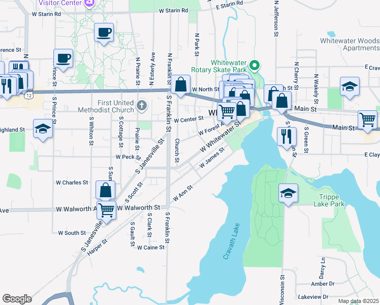 map of restaurants, bars, coffee shops, grocery stores, and more near 436 West Whitewater Street in Whitewater