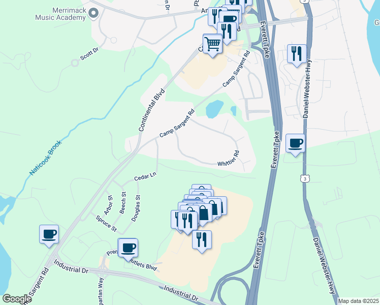 map of restaurants, bars, coffee shops, grocery stores, and more near 41 Whittier Road in Merrimack