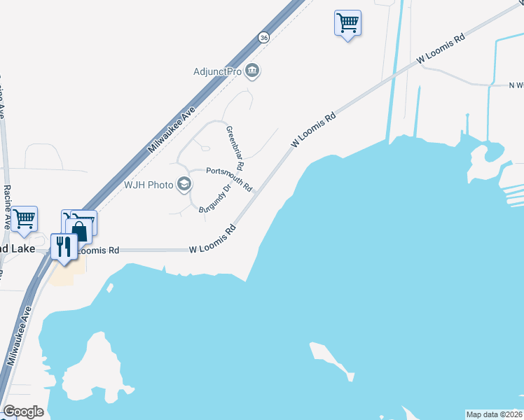 map of restaurants, bars, coffee shops, grocery stores, and more near 25507 West Loomis Road in Wind Lake