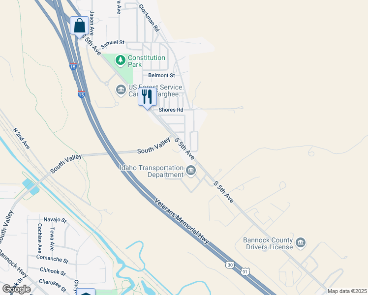 map of restaurants, bars, coffee shops, grocery stores, and more near 4798 South 5th Avenue in Pocatello