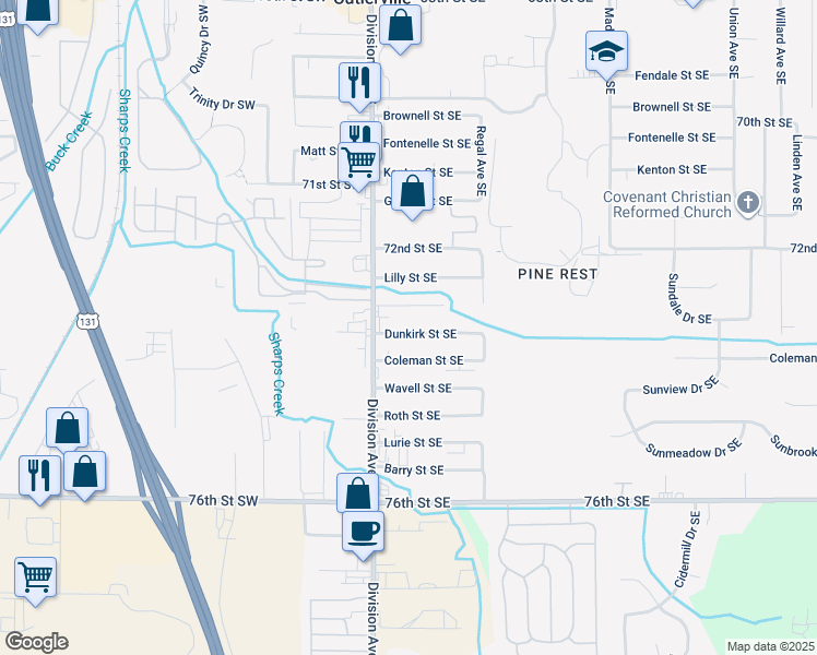map of restaurants, bars, coffee shops, grocery stores, and more near 56 Dunkirk Street Southeast in Kentwood