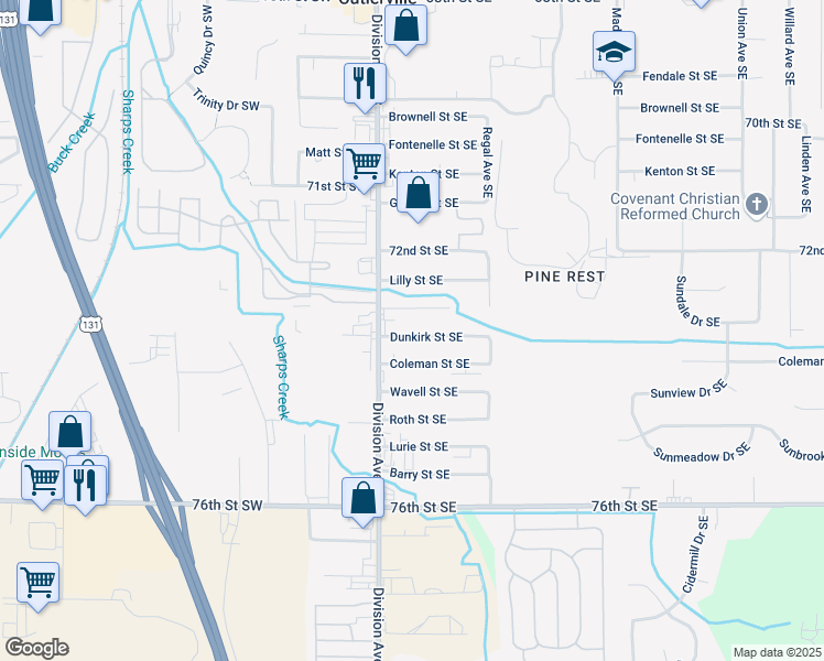 map of restaurants, bars, coffee shops, grocery stores, and more near 56 Dunkirk Street Southeast in Kentwood