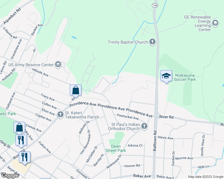 map of restaurants, bars, coffee shops, grocery stores, and more near 1515 Hillside Avenue in Niskayuna
