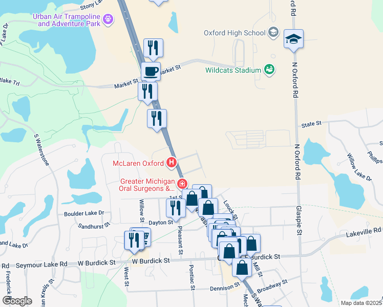 map of restaurants, bars, coffee shops, grocery stores, and more near 71 Harriet Street in Oakland County