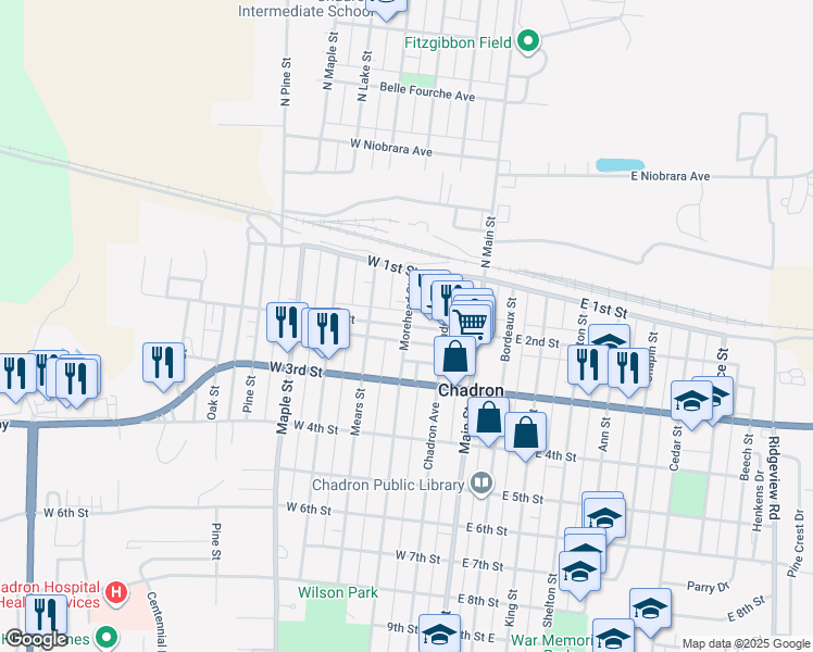 map of restaurants, bars, coffee shops, grocery stores, and more near 201 Morehead Street in Chadron