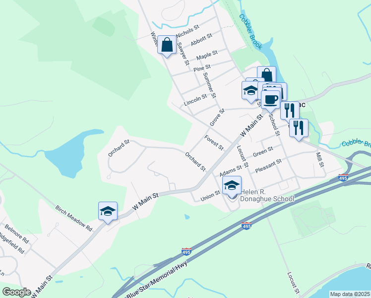 map of restaurants, bars, coffee shops, grocery stores, and more near 43 Grove Street in Merrimac