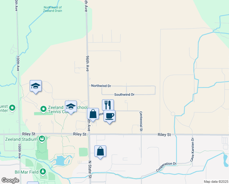 map of restaurants, bars, coffee shops, grocery stores, and more near 9463 Southwind Drive in Zeeland