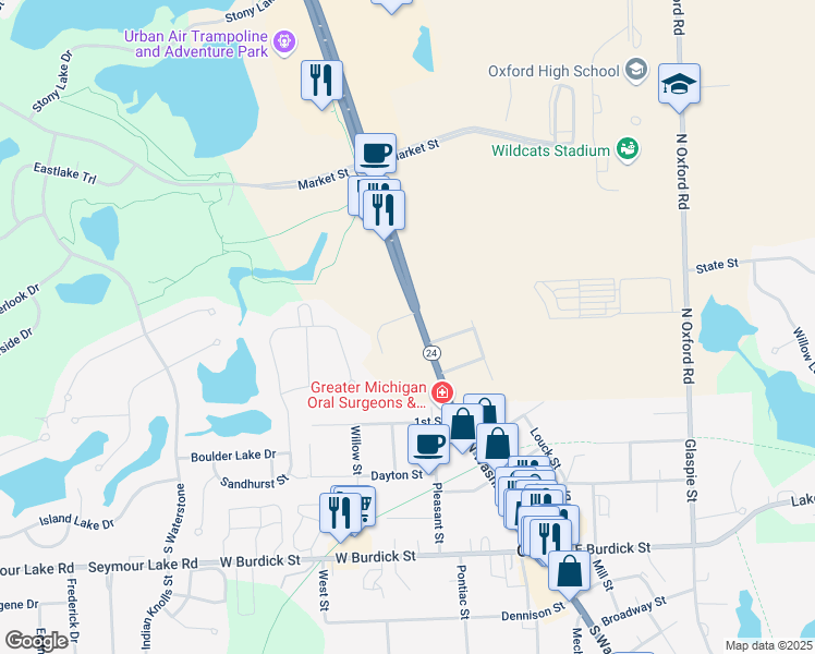 map of restaurants, bars, coffee shops, grocery stores, and more near 425 North Lapeer Road in Oakland County