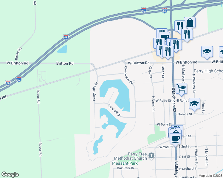 map of restaurants, bars, coffee shops, grocery stores, and more near Peninsula Court in Perry