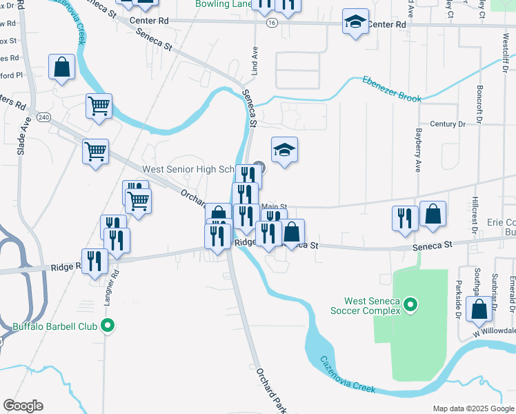 map of restaurants, bars, coffee shops, grocery stores, and more near 9 Main Street in Buffalo