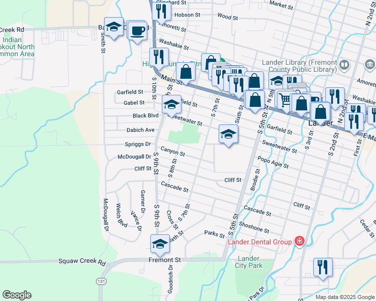 map of restaurants, bars, coffee shops, grocery stores, and more near 783 Canyon Street in Lander