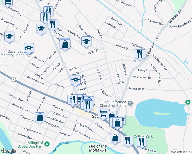 map of restaurants, bars, coffee shops, grocery stores, and more near 218 3rd Street in Scotia