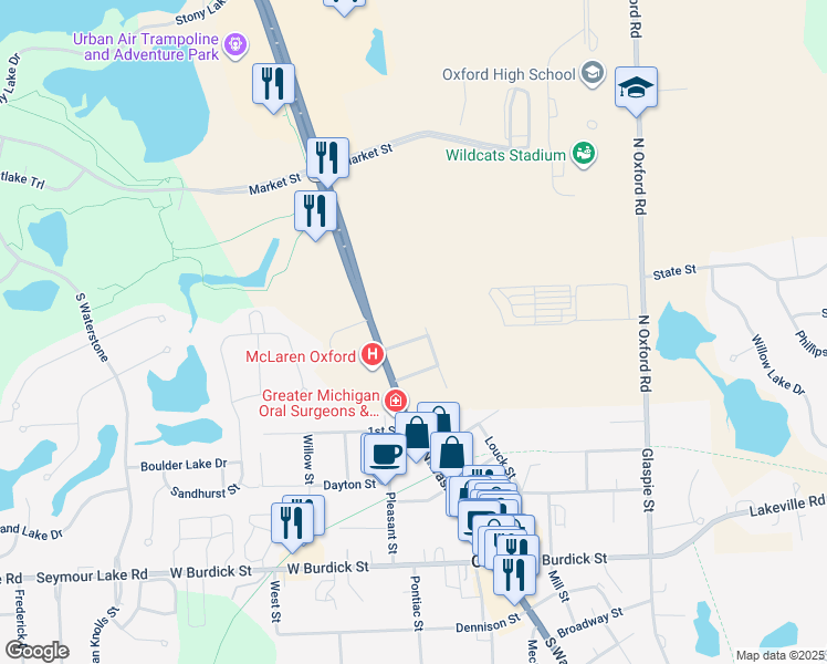 map of restaurants, bars, coffee shops, grocery stores, and more near 71 Harriet Street in Oakland County