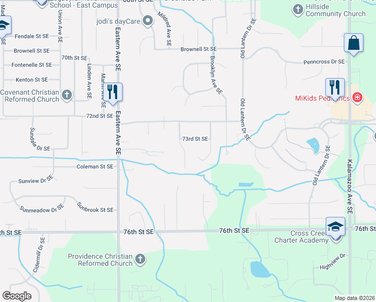 map of restaurants, bars, coffee shops, grocery stores, and more near 7359 Forsythia Avenue Southeast in Grand Rapids