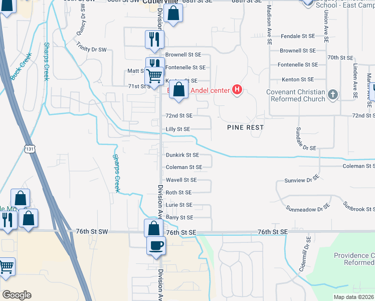map of restaurants, bars, coffee shops, grocery stores, and more near 56 Dunkirk Street Southeast in Kentwood