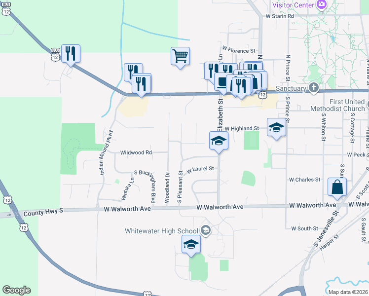 map of restaurants, bars, coffee shops, grocery stores, and more near 234 South Pleasant Street in Whitewater