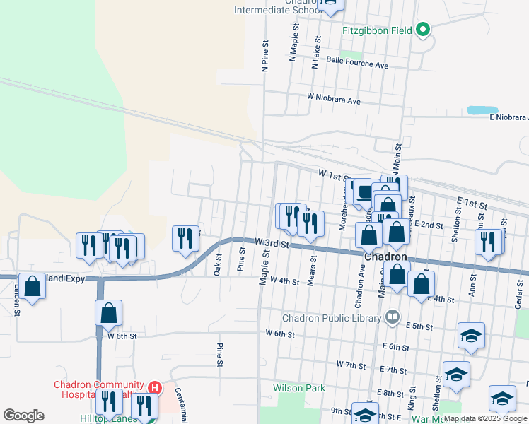 map of restaurants, bars, coffee shops, grocery stores, and more near 201-299 Maple Street in Chadron