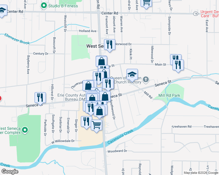map of restaurants, bars, coffee shops, grocery stores, and more near 4050 Seneca Street in West Seneca