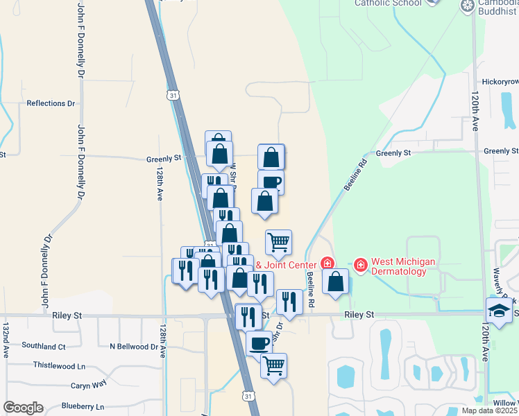 map of restaurants, bars, coffee shops, grocery stores, and more near 3456 West Shore Drive in Holland